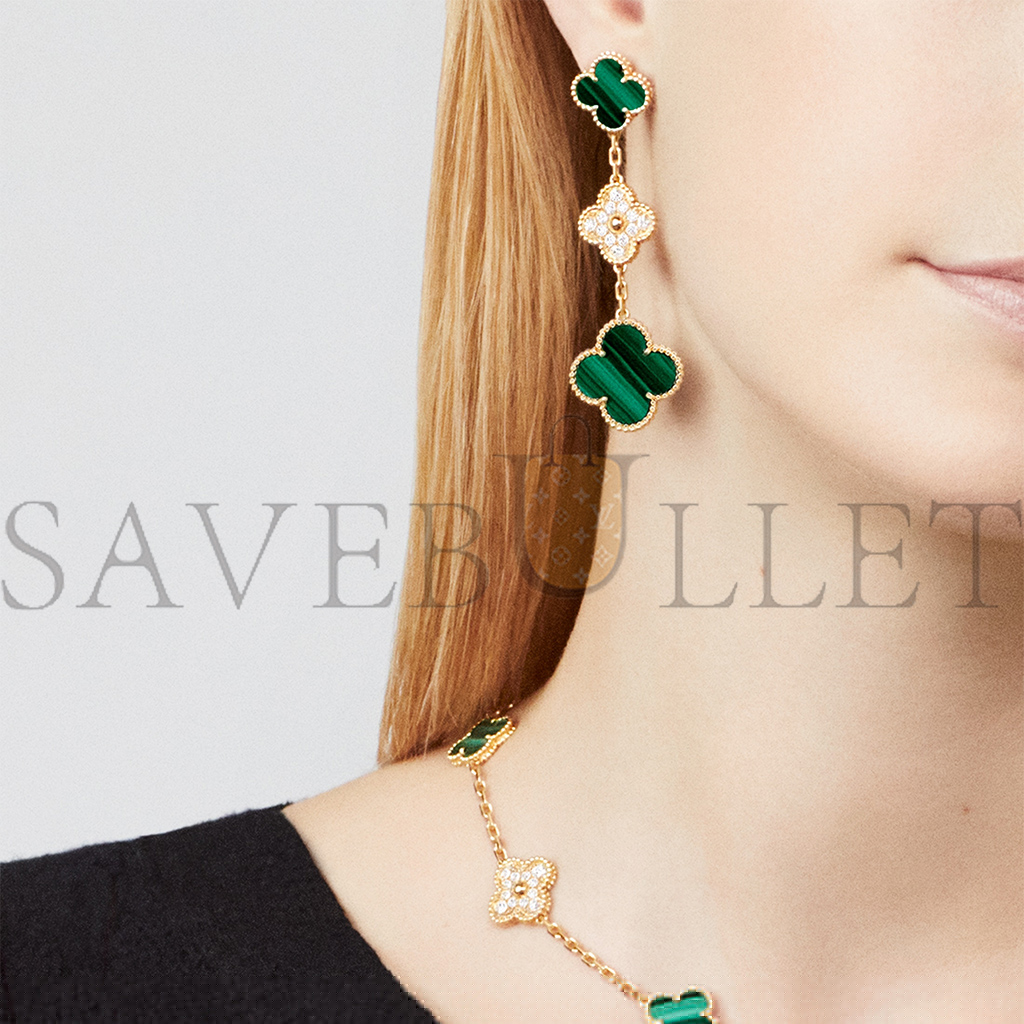 v*n cl*f arpels magic alhambra earrings, 3 motifs - yellow gold, Di*m*nd, malachite vcaro9ii00